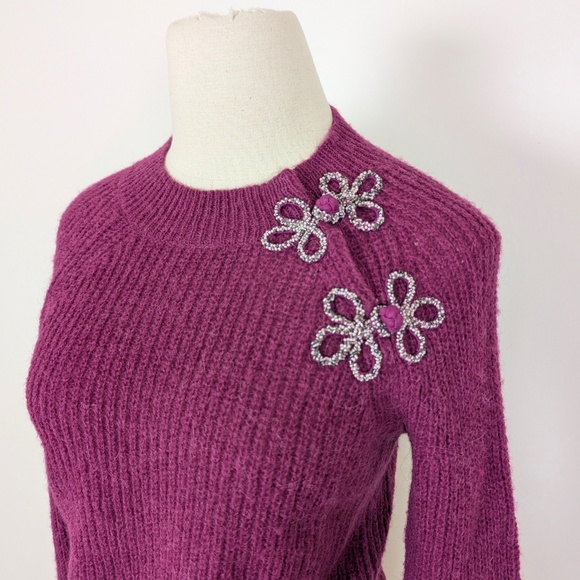 J. Crew Pink Knit Crew Neck Ribbed Long Sleeve Asymmetrical Beaded Shoulder - Picture 6 of 11